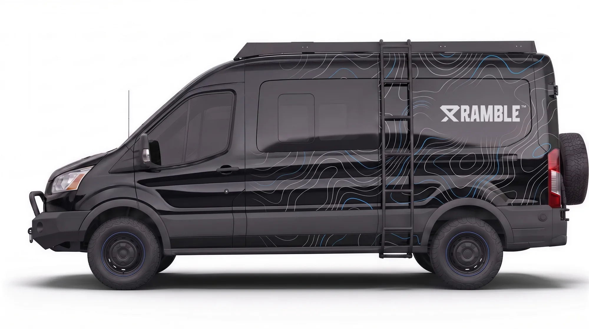 Ford Transit mit 4RAMBLE-Design, Dachträger und Leiter, Seitenansicht in Schwarz