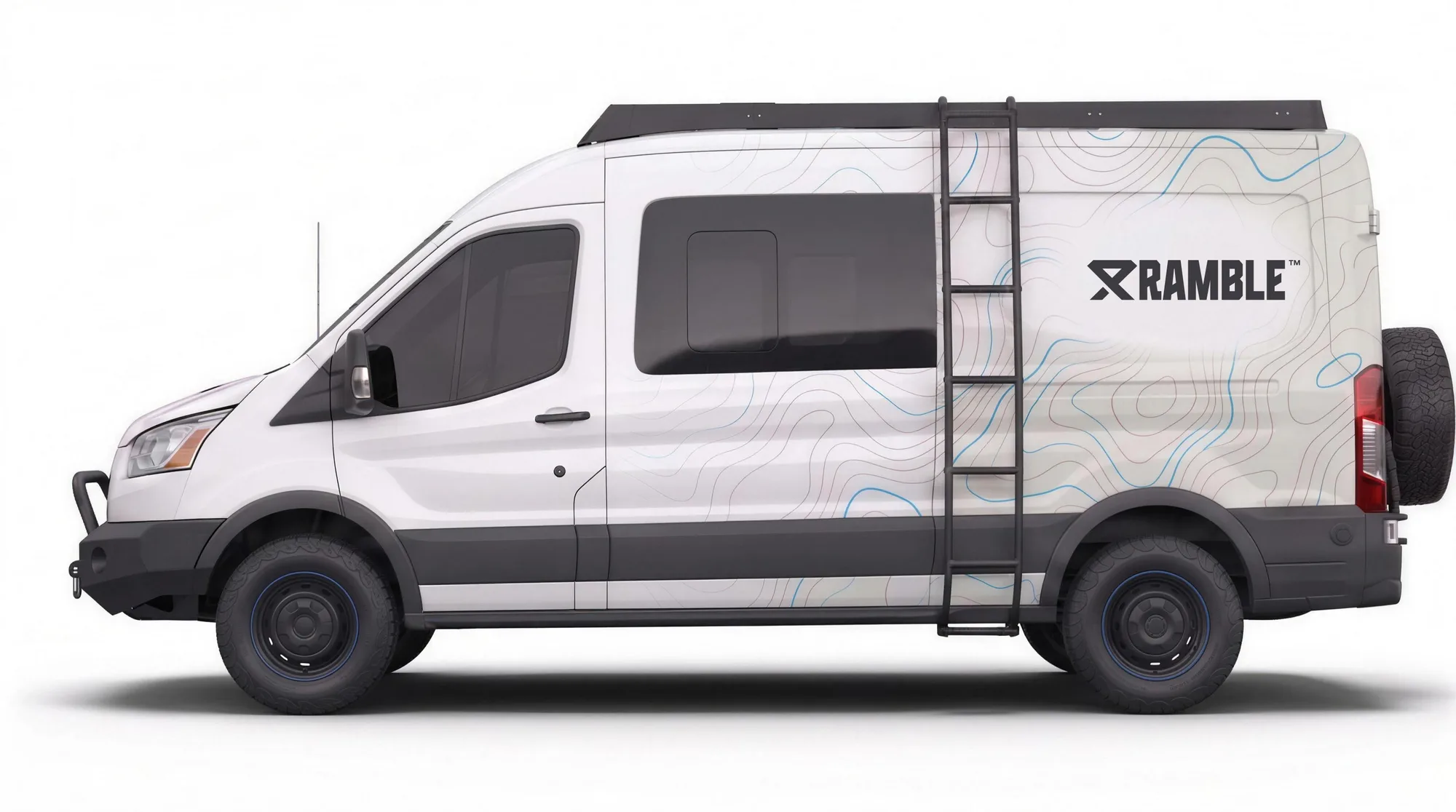 Ford Transit mit 4RAMBLE-Design, Dachträger und Leiter, Seitenansicht in Weiß